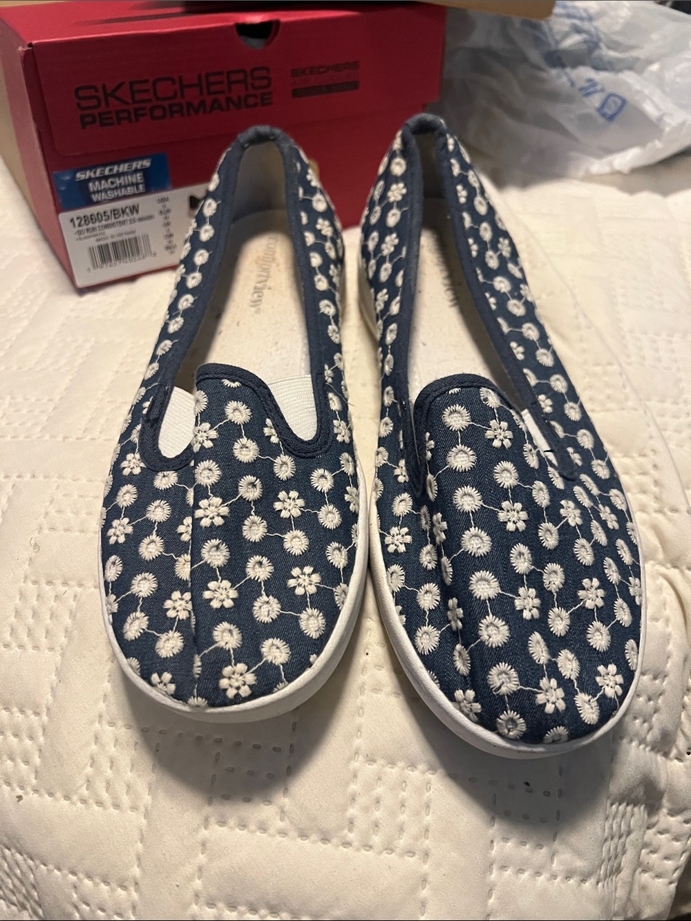 comfortview Navy Slip-On Floral Embroidered Flats